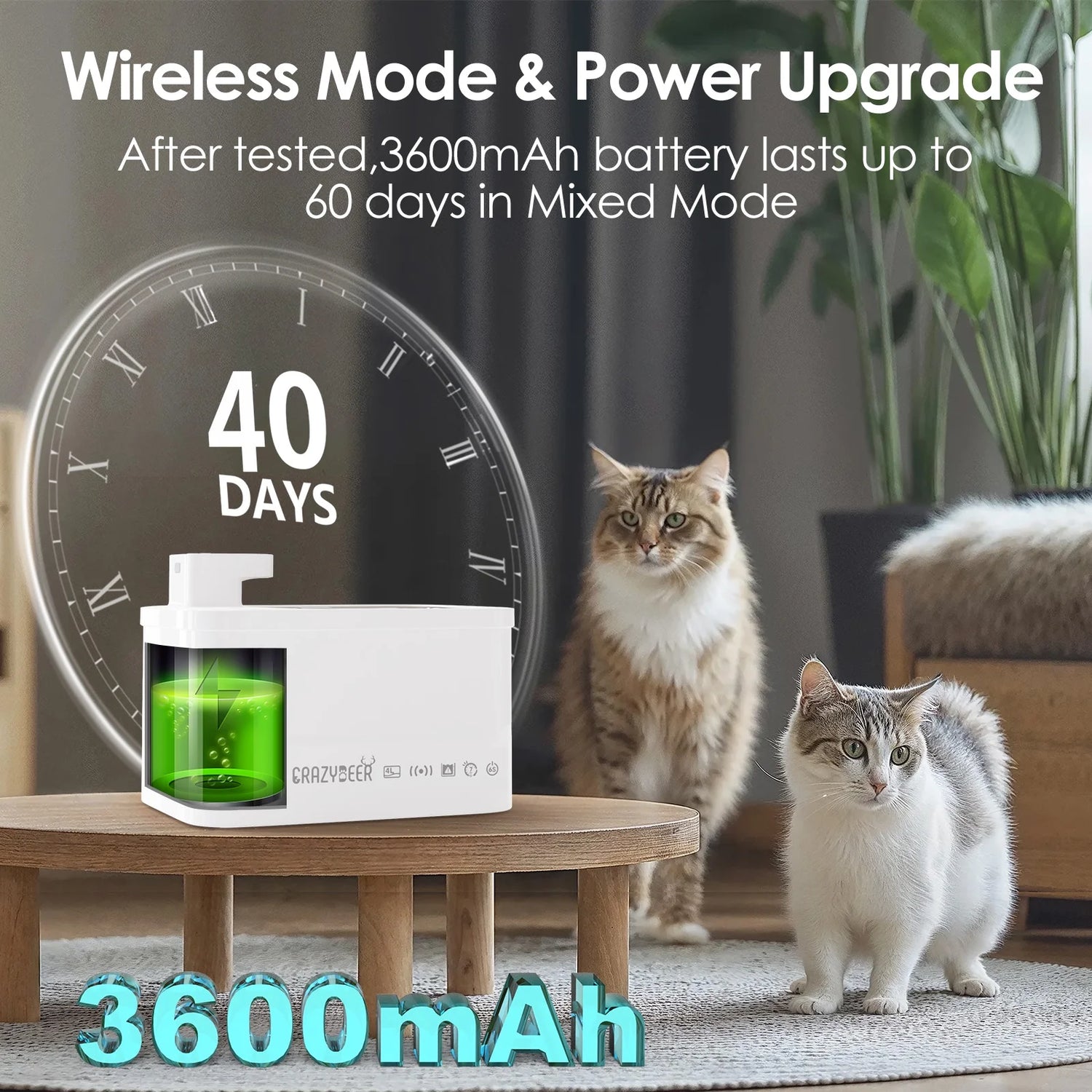 Cat Water Fountain, 4L Wireless Pet Fountain Stainless Steel Automatic Water Dispenser Cat Water Fountains Indoors