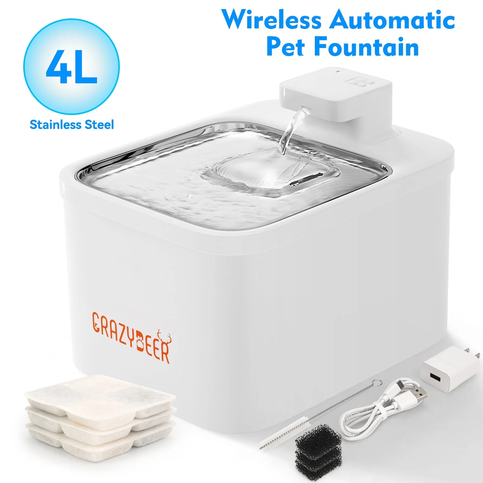 Cat Water Fountain, 4L Wireless Pet Fountain Stainless Steel Automatic Water Dispenser Cat Water Fountains Indoors